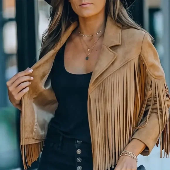 Tassel suede women fringe jacket long sleeve jacket Fits true to size